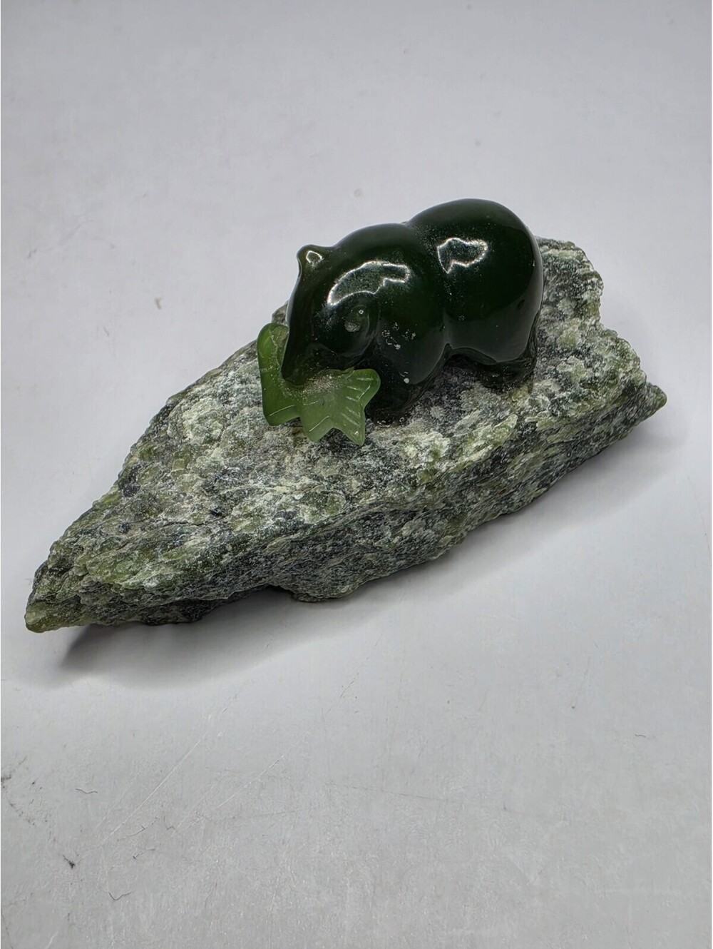 Carved Canadian Nephrite Jade Bear with Fish on Natural Rock Base